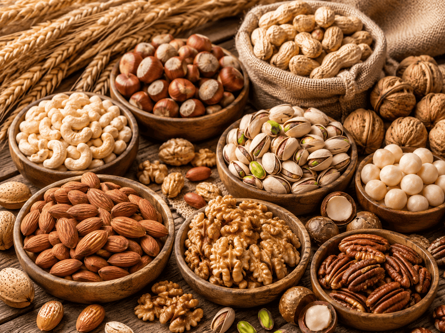 Assorted nuts including almonds, walnuts, pistachios, cashews and peanuts for food processing applications.