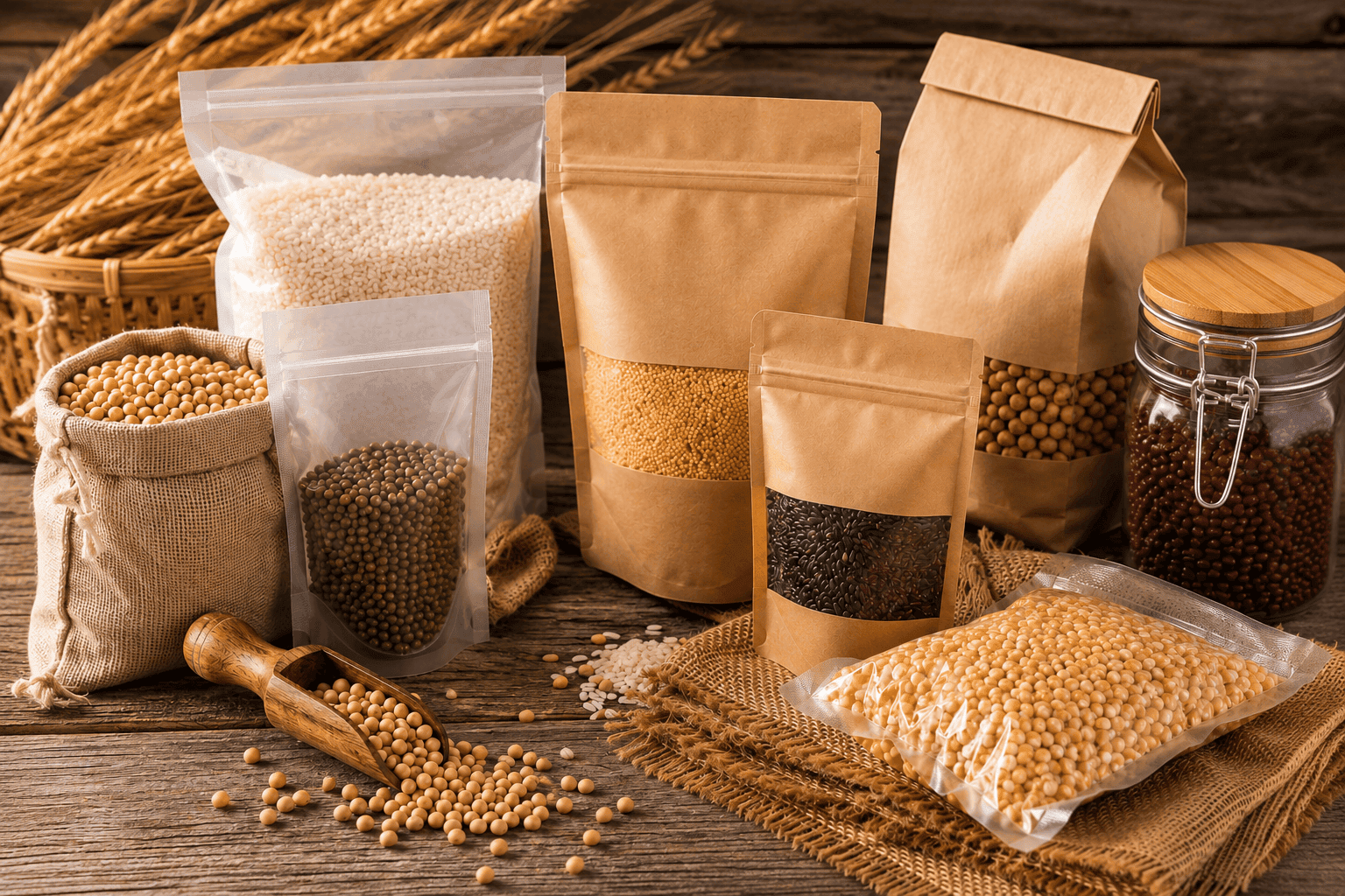 Packaged grains and dry food materials for storage and food safety handling applications.