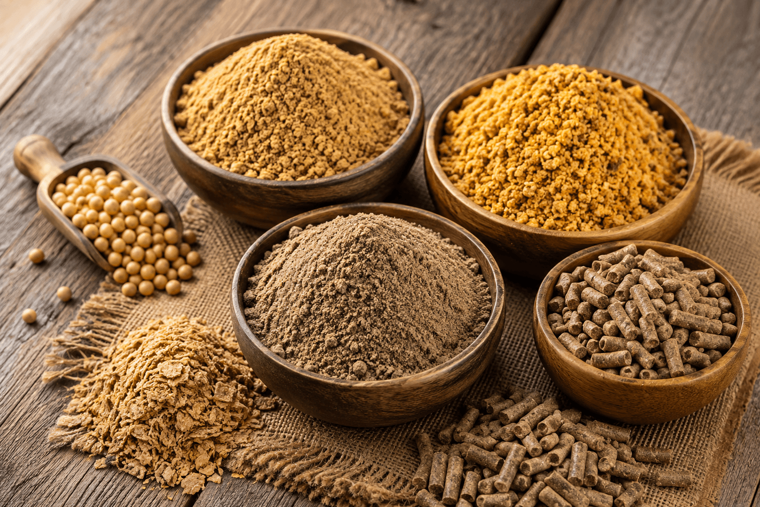 Feed raw materials including soybean meal, grain-based meal and feed pellets for food and feed processing applications.