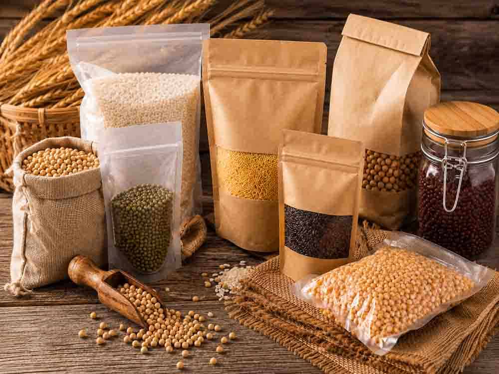 Packaged grains and dry food materials for storage and food safety handling applications.