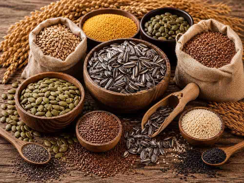 Assorted seeds including sunflower, pumpkin, flax and sesame seeds for food and feed material processing.