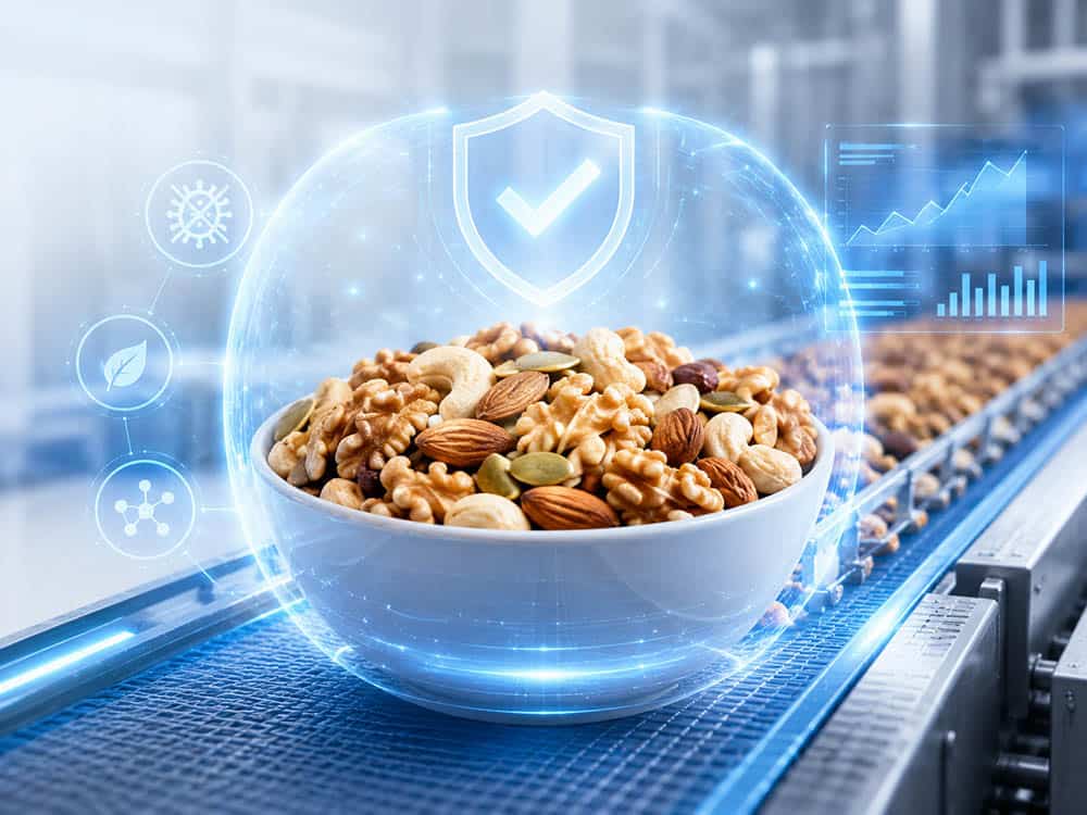 Non-chemical disinfection for nuts and seeds on a food processing conveyor